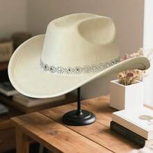 Rhinestone Cowboy Hat For Women, Summer Hats For Women Fashion Western Cowgirl Hats, Elegant Wide Brim Fedora Cap For Party & Daily - 米色 - 查看 2