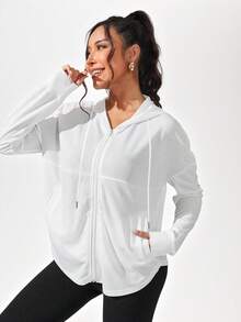 SHEIN Sports Drop Shoulder Zip Up Hooded Sports Jacket - White - View 2