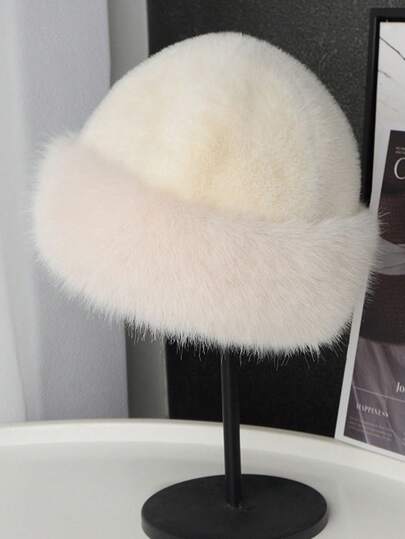 1pc Winter Outdoor Solid Color Plush Mongolian Hat, Autumn/Winter Windproof Warm Bucket Hat With Thick Faux Fur Ear Protection, Fishing Hat, Holiday Gift Winter Warm