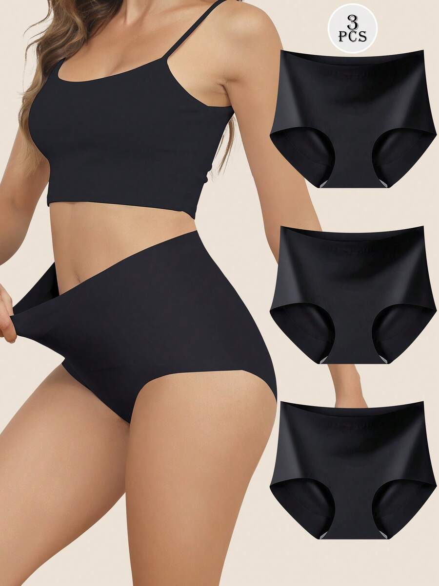 3pcs Black High Waist Seamless Women's Underwear, Double Layer Patchwork, Criss-Cross Strap, Full Coverage, Soft & Comfortable - Black - View 1