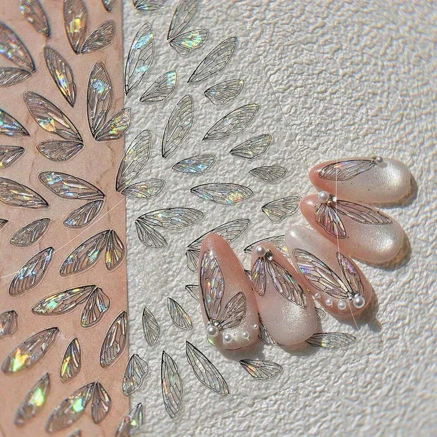 1pc Butterfly Wings Nail Art Stickers - Translucent Fairy Design, Self-Adhesive Decals For DIY Nail Decoration, Laser Finish, Fantasy Theme, Plastic Material, Nail Art Accessories|Fairy Wings Design|Selfadhesive Decal - Nhiều màu - Xem 1