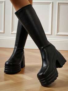 Knee High Platform Long Boots For Women Round Toe Chunky Heels Knitted Platform Boots Fall Winter Casual Party Tall Boot - Black PU - View 2
