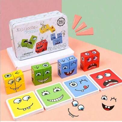 Bloques de rompecabezas de expresión facial de madera, juego de emparejamiento de patrones de expresión, competencia de bloques de rostro, juego de emparejamiento de letras, bloques de rompecabezas de letras de madera, rompecabezas, juguetes antiestrés, regalo ideal para reuniones familiares y viajes