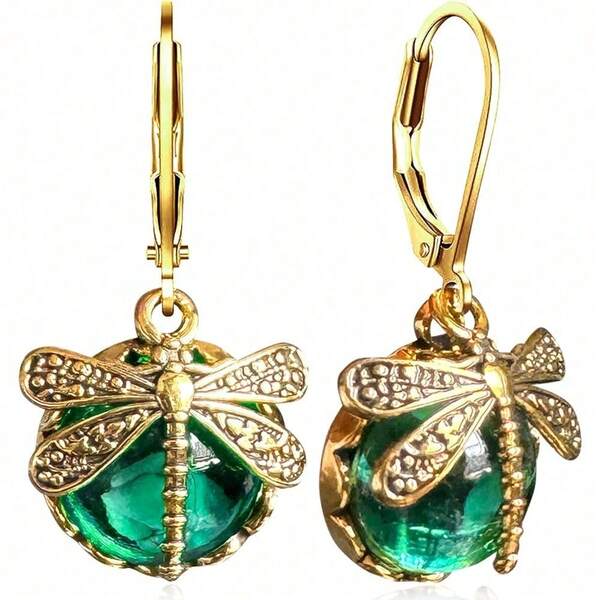 1Pairs Sparkly Crystal Moonstone Vintage Gold Dragonfly Dangle Drop Leverback Earrings For Women(Green)