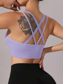 1pc Women's Purple Criss-Cross Back Sports Bra, Suitable For Fitness And Everyday Wear - Purple - View 3
