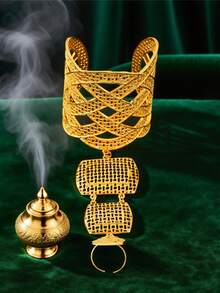 奢华开口 24k 金铜合金手链，带一体式戒指，适合非洲和非洲女性珠宝，适合假期、派对和聚会 - 菱格 - 查看 2