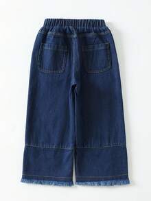 Timzgo 女童休闲牛仔裤,松紧腰带口袋,直筒宽松裤,百搭磨边阔腿裤,适合女孩外出和日常穿着 - 深色水洗藍 - 查看 4