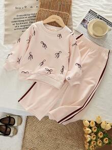 秋季衣服套装年轻女孩长袖蝴蝶结印花毛衣上衣和休闲裤两件套春季服装 - 米色 - 查看 1