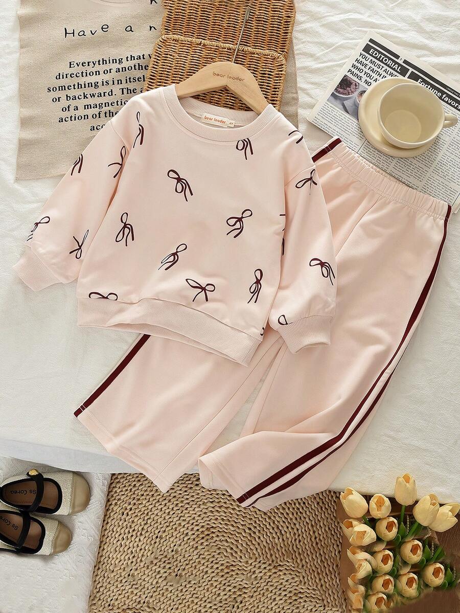 秋季衣服套装年轻女孩长袖蝴蝶结印花毛衣上衣和休闲裤两件套春季服装 - 米色 - 查看 1