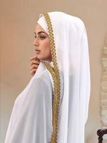 1pc Solid Color Faux Pearl & Gold Floral Chiffon Scarf, Casual Elegant Breathable Hijab, Suitable For Outdoor, Beach, Daily Wear For Dress,Holiday - Golden Double-sided Flower Chiffon Scarf - View 5