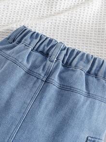 女童不对称爱心刺绣水洗牛仔工装裙 - 藍色 - 查看 12