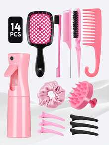 6/14件套卷发造型梳套装，包含：直发梳、空心梳、喷雾瓶、洗发梳、带钩宽齿梳、蓬松梳、尖尾梳、边缘梳（适用于粗细发质的边缘和后脑勺造型）、自然卷发造型工具以及各种美发配件。适用于理发店、美容院、旅行必备美发产品、护发用品和美发配件。 - 黑色+粉紅色 - 查看 13