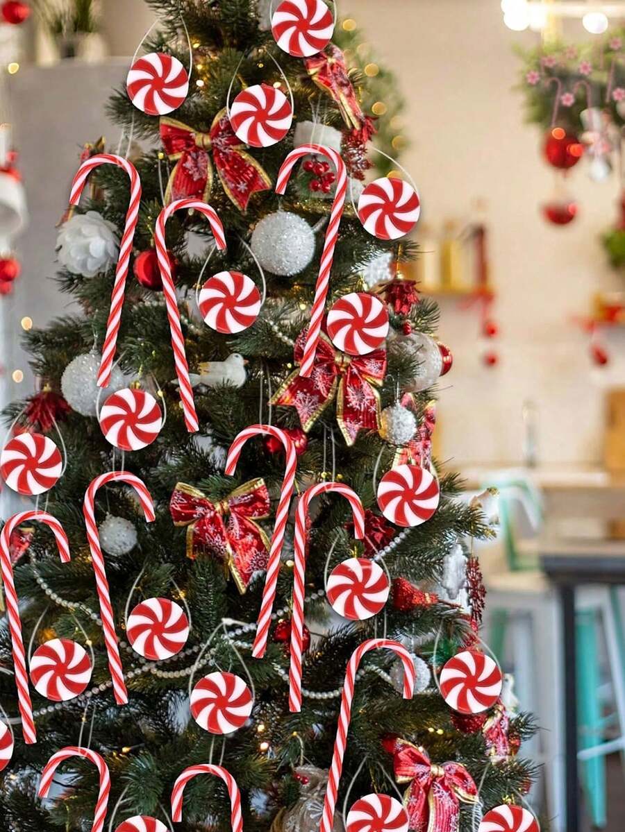 20 piezas Decoraciones de bastón de caramelo navideño, adornos para árbol de Navidad, set de adornos para árbol de Navidad en forma de bastón de caramelo rojo y blanco y molino de viento. Decoración navideña interior, decoración colgante encantadora, adecuada para árbol de Navidad, coronas, fiesta con temática de caramelos navideños