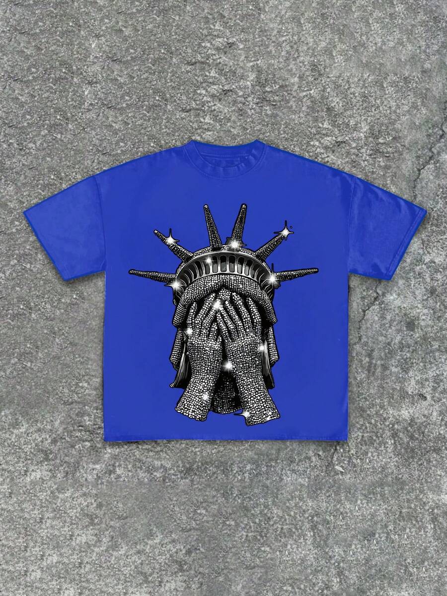 Boys & Teens' Casual Graphic Print Round Neck Short Sleeve T-Shirt, Summer Top - 藍色 - 查看 1