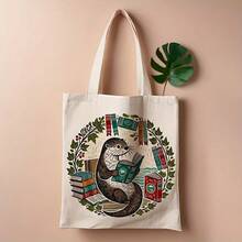 1pc Reading Books Canvas Tote Bag - Reusable Grocery Bags (13.8x15.8), Stylish & Durable Shopping Bag Daily Use, Commuting, School, High-Quality Material, Aesthetic Book Bag, Animal Lovers, Summer Reading Accessory, Lovers| Whimsical Design| Sturdy Handles, Reusable Grocery Bags