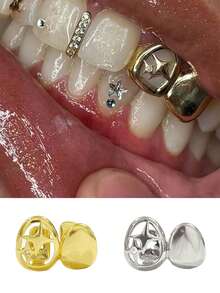 1 Set de 2 piezas de Joyería para Dientes de Metal con Ranura y Micro Incrustaciones de Circonita en Forma de Estrella Hueca y Brillante, Decoración de Fiesta, Discoteca y Regalo Unisex para Halloween y Carnaval