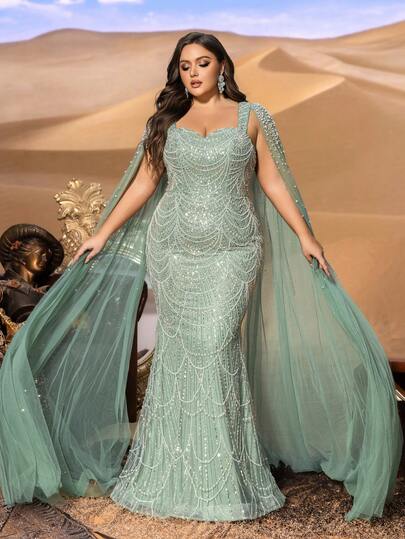 Faeriesty Plus Luxury Beaded Mermaid Evening Gown With Sheer Tulle Cape – Sweetheart Neckline, Sparkling Chain Beadwork Embroidery & Fish-Tail Silhouette For Elegant Banquets & High-Fashion Premiere Events Party Wedding