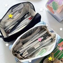 Ins-Style Canvas Pencil Case, Multi-Layered Stationery Organizer With Transparent Compartments, Durable Zipper Closure - Ideal For Students, Available In Black And Blue, Pencil Pouch