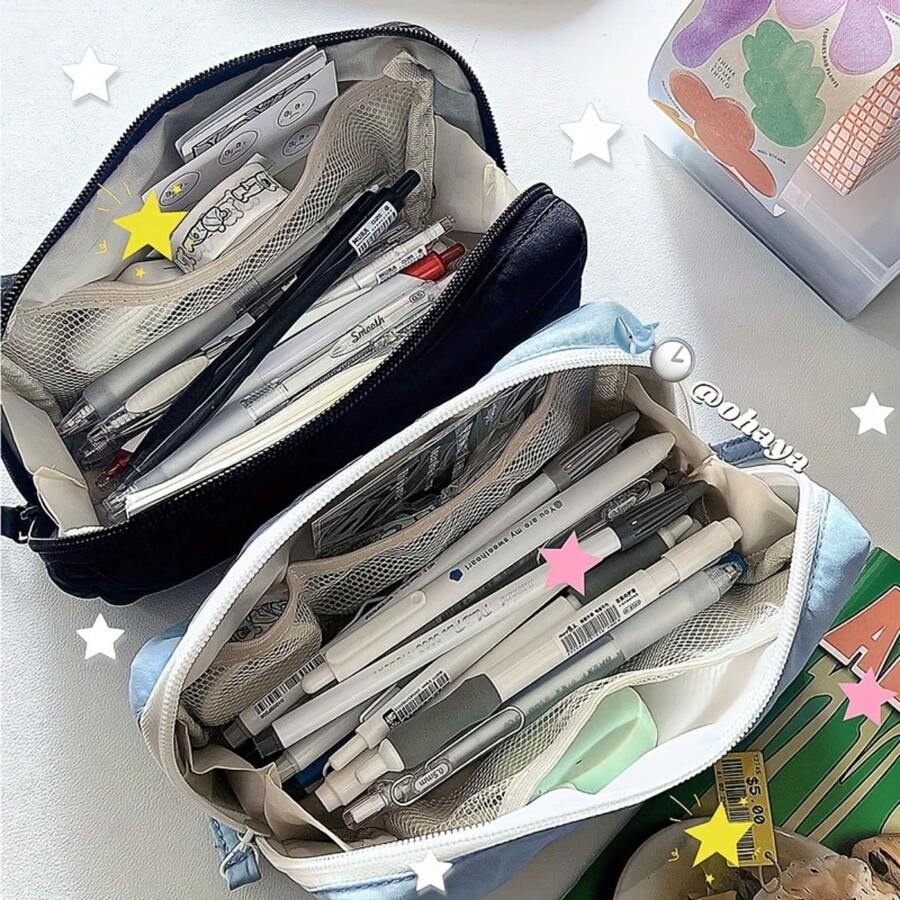 Ins-Style Canvas Pencil Case, Multi-Layered Stationery Organizer With Transparent Compartments, Durable Zipper Closure - Ideal For Students, Available In Black And Blue, Pencil Pouch