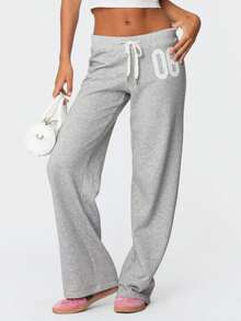 Women Y2k  Drawstring Sweatpants Elastic Waist Straight Wide Leg Low Rise Baggy Pants Casual Trousers Athletic Jogger Workout Yoga Track Pants Streetwear Lounge Pants - Xám - Xem 1