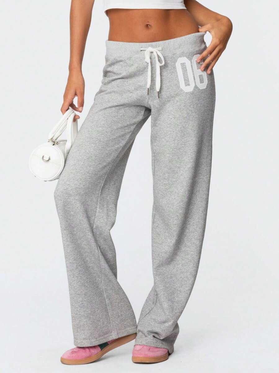 Women Y2k Drawstring Sweatpants Elastic Waist Straight Wide Leg Low Rise Baggy Pants Casual Trousers Athletic Jogger Workout Yoga Track Pants Streetwear Lounge Pants - Xám - Xem 1