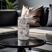 Miniso 一体式吸管直钢杯 550 毫升，不锈钢，印有通缉海报，带金属吸管，非常适合旅行和上学（1 件） - 彩色 - 查看 2