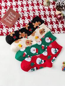 1 par/4 pares de calcetines cómodos y casuales de invierno con estampado de Papá Noel y hombre de jengibre para hombres