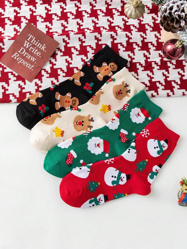 1 Pair/4 Pairs Men's Comfortable Casual Winter Christmas Santa Claus Gingerbread Man Patterned Mid-Calf Socks