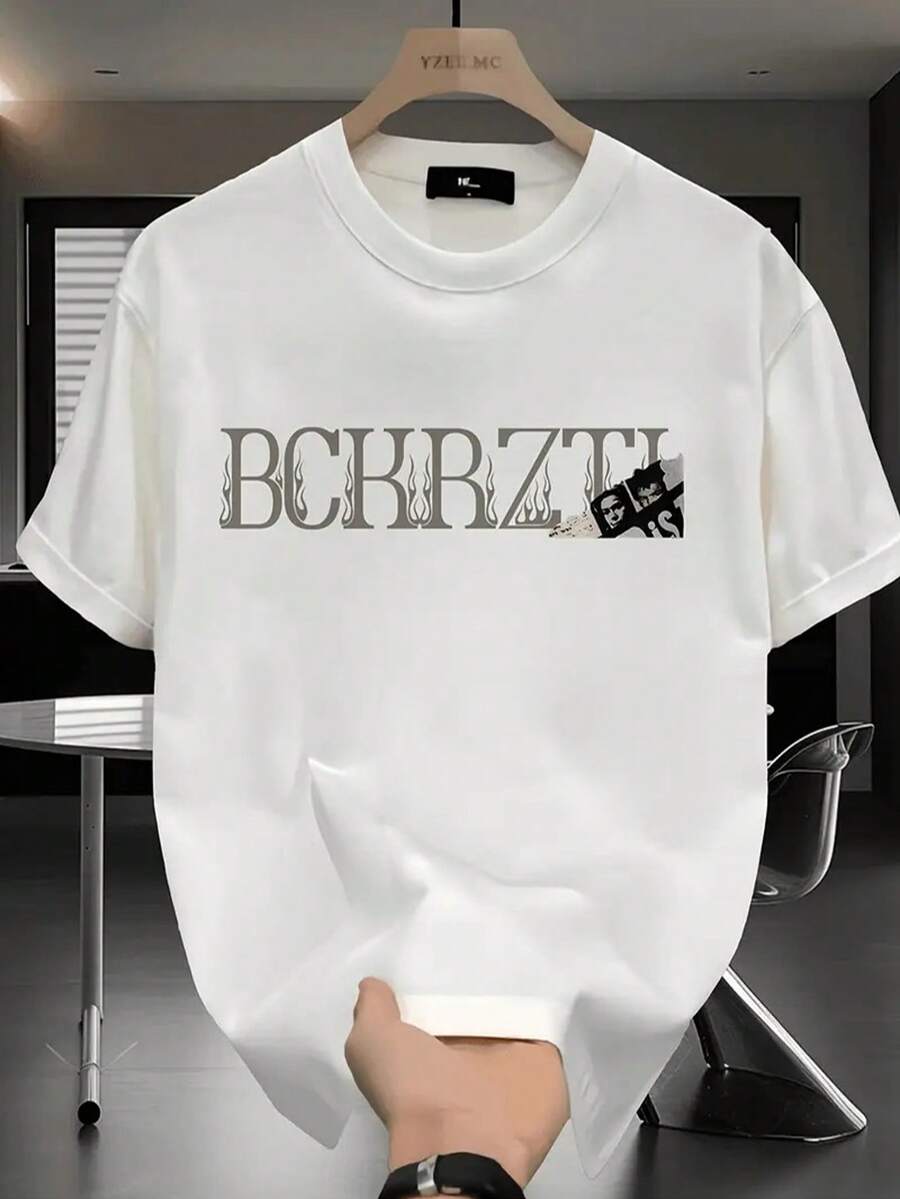 Mens Clothes Valentine's Day Summer Camisetas De Hombre Graphic Tees T Shirt Men Graphic Tee Men's 100% Cotton Casual Short-Sleeved T-Shirt - Breathable Summer Printed Round Neck Top, Black And White Street Style Design, Daily Comfortable Loose Fit, Soft Fabric, Young People's Fashionable Printed Shirt - trắng - Xem 1