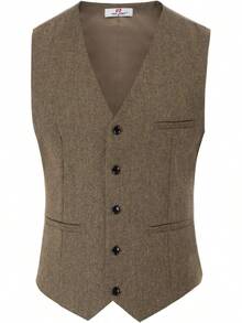 PJ  Men's Herringbone Tweed Suit Vest Casual Wool Blend Waistcoat - 軍綠色 - 查看 8