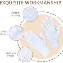 White Cotton Formal Tuxedo Costume Guard Gloves With Snap Cuff, Coin Jewelry Inspection Gloves