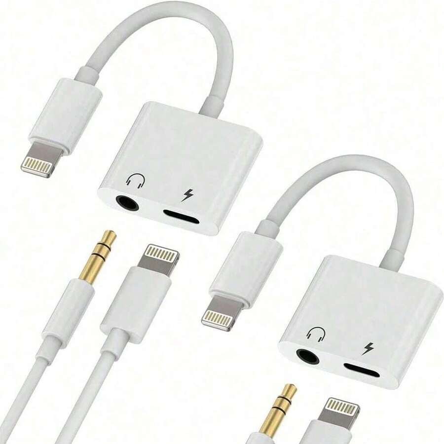 1-2pcs 2-In-1 Headphone Adapter, 3.5mm Auxiliary Audio And Charging Adapter Dongle Cable Splitter Compatible With IPhone 14 Pro Max/14 Pro/14 Plus/14/13/12/11/XS/XR/8/7/6, IPad Series Headphone Jack Adapter - White - View 1