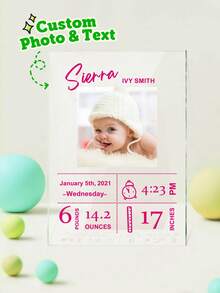 1pc Custom Birth Picture Frame, Personalized Photo Acrylic Picture Frame, Custom Birth Stat Picture Frame, Personalized Photo Frame, Personalized Baby Shower Gifts, New Gift For Housewarming Living Room, Bedroom - Hot Pink - View 3