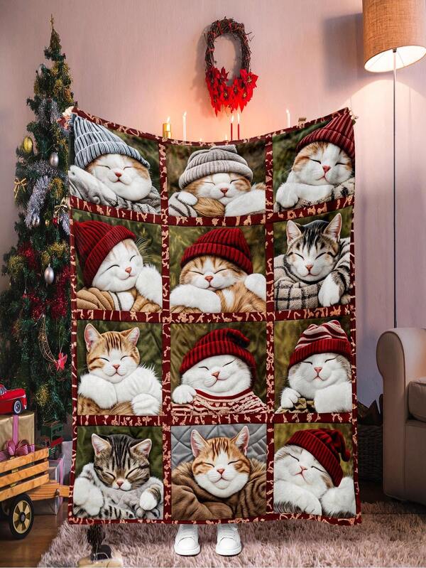 1pc Comfortable 2D Stereoscopic Printed Cute Cat Wearing Hat Pattern Blanket, With Christmas Tree Decor, Cozy Holiday Vibe, Flannel Throw Blanket For Bedroom, Picnic, Travel, Wool Blanket, Bed Blanket, Plush Blanket, Leisure Blanket, Autumn/Summer Blanket, Soft Blanket, Sofa Cover, Cool Polyester Knitted Design, Multipurpose
