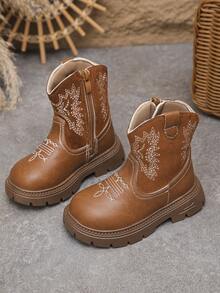 Girls' Fashion Embroidered Design Tall Chelsea Boots, Outdoor Boots, Soft & Comfortable - Brown - View 2