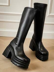 Knee High Platform Long Boots For Women Round Toe Chunky Heels Knitted Platform Boots Fall Winter Casual Party Tall Boot - Black PU - View 3
