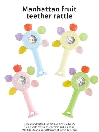 2 In 1 Baby Manhattan Fruit Rattle Stick Teether Toy, Montessori Early Education Toy, Sensory Teething Toy For 0-6 Months, Newborn Learning Grasp Training Chew Toy, Soothing Toy, Toys Suitable For Teething Babies From 0 To 6 Months, Relieve Dental Discomfort