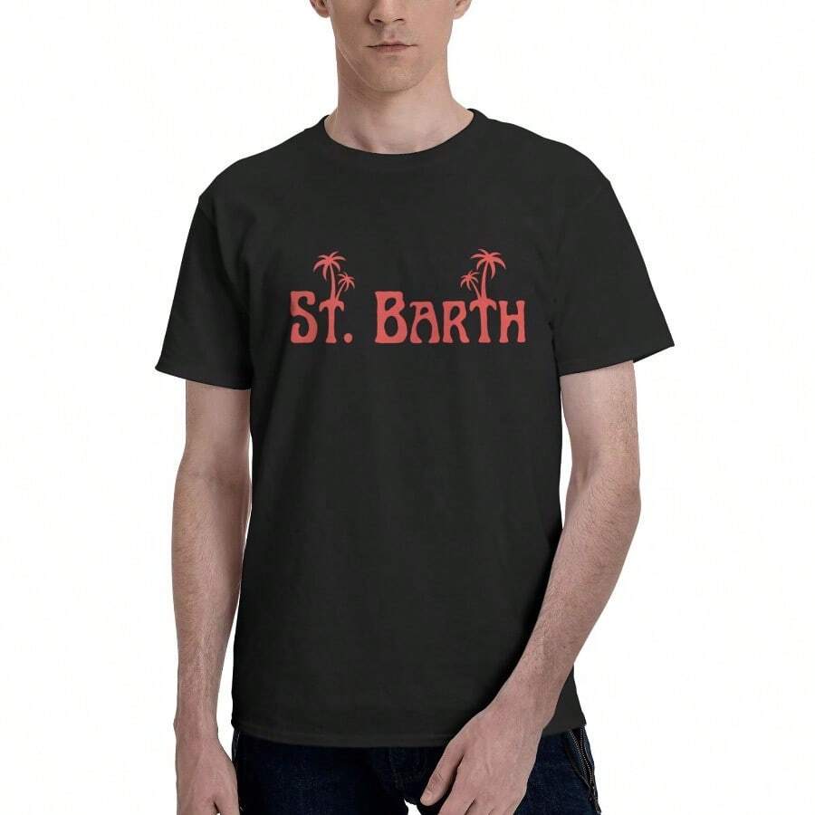 Saint Barth Men's Oversized Graphic T-Shirt - Black With Red Palm Tree & Text Print, Sporty Casual Round Neck Short Sleeve Tee, Machine Washable All-Season Comfort, Ideal Gift For Men, Everyday Comfort, Harajuku Style, Relaxed Fit Shirt