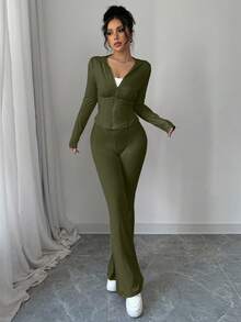 abyoxi Bộ 2 món gồm áo khoác có mũ kéo khóa và quần ống loe màu trơn, trang phục thể thao thường ngày thời trang, phù hợp cho hoạt động ngoài trời, dạo phố, thể thao, mặc hàng ngày, thể hiện cá tính riêng, dành cho nữ mùa thu/đông. - xanh quân đội - Xem 4