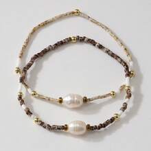 1/2 件/套 极简波西米亚金珠镀金黑胆隔珠珍珠弹力米珠女士手链套装，夏季海滩米珠弹力女士手链，可堆叠女士时尚配饰，毕业季礼物，同学礼物，朋友礼物，夏季海滩礼物，女朋友礼物 - 彩色 - 查看 6