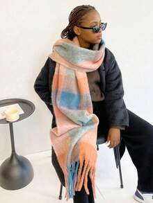 1件装女士蓬松长款冬季围巾，保暖颈部围脖，黑色超大加厚流苏披肩/毯子围巾，加厚针织流苏披肩，红色纯色围巾 - HM06-粉紅藍橙 - 查看 8