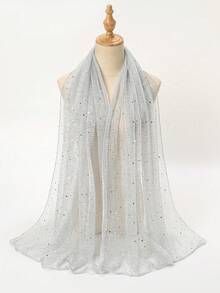 1条女士闪亮金属条纹雪纺围巾，亮片镶边轻盈发带，时尚连衣裙围巾 - 銀灰色 - 查看 3