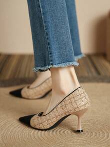 Xin Jing Shoes 女士时尚撞色中跟鞋，百搭套脚鞋，优雅 - 黑色 - 查看 2