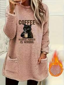 Women's Pink Oversized Sherpa Tunic Sweatshirt - Funny Coffee Cat Graphic Long Sleeve Fleece Pullover With Pockets For Cozy Winter - 混合色 - 查看 2