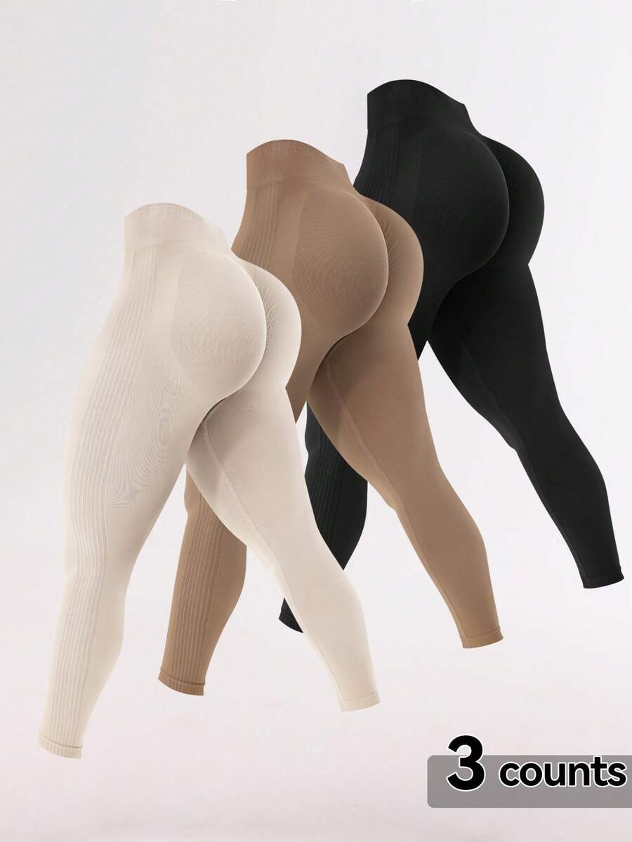 WAKYME Bộ 3 quần tập yoga cạp cao cho nữ, giảm béo & nâng cơ, quần bó thể thao, sọc dọc, trắng, đen, kaki kết hợp - Nhiều màu - Xem 1