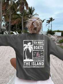 Autumn/Winter Women's Slogan & Palm Tree Print Round Neck Loose Casual T-Shirt, From Casual Day To Chic Night: Explore Our Women's Long Sleeve T-Shirts That Easily Adapt To Different Occasions And Create The Perfect Look - 深灰色 - 查看 3