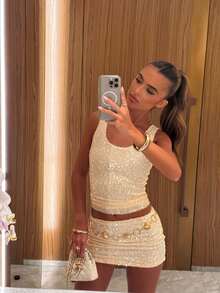 Conjunto de dos piezas para mujer con chaleco de lentejuelas: top de lentejuelas y falda de lentejuelas. - Champán - Ver 2