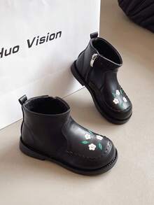 Children's Boots With Thermal Lining, Warm Short Boots, Autumn/Winter New Cute Embroidered Girls Boots, Girls Side Zipper Leather Boots