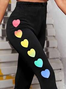 Leggings pour filles avec imprimé cœur dégradé, ajustement serré, confortable, coupe slim, pantalon court, convient pour le décontracté, les sports, le yoga, les enfants - Noir - Voir 3