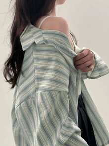 初秋时尚女士条纹长袖衬衫 - 藍色 - 查看 2